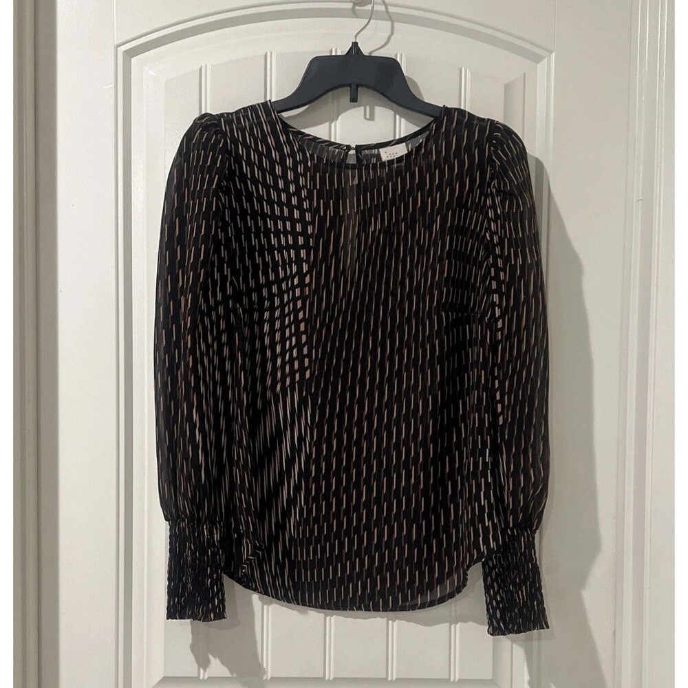 A New Day Black Chiffon Brown Puff Sleeve Blouse Elastic Sleeves Blouse Size S